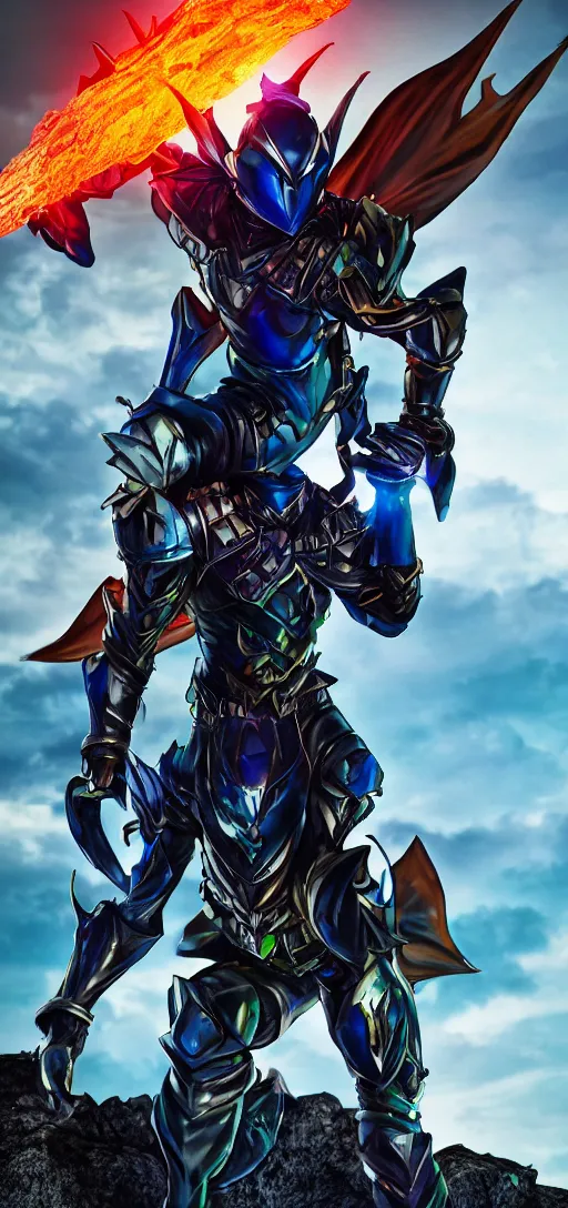 Image similar to High Fantasy Kamen Rider standing in a rock quarry, full body, 4k, glowing eyes, daytime, rubber suit, dark blue segmented armor, dragon inspired armor, centered