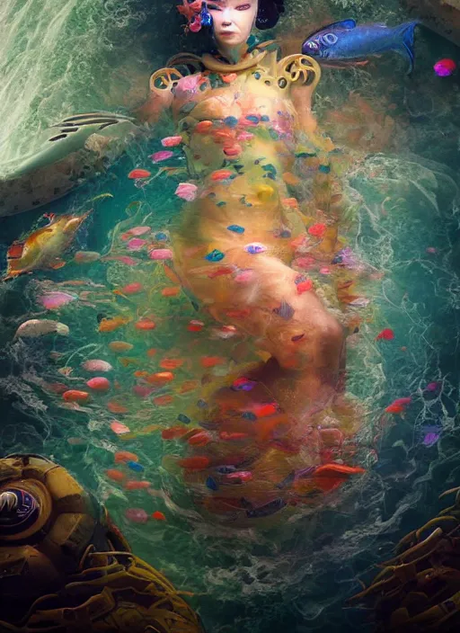 Image similar to portrait of a futuristic geisha cyborg in the ocean surrounded by little colorful fish, modern fine art, fractal, intricate, elegant, highly detailed, digital photography, subsurface scattering, by jheronimus bosch and greg rutkowski,