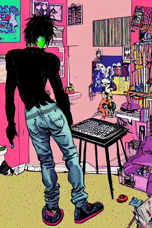 Image similar to a skinny goth guy standing in a cluttered 9 0 s bedroom by jamie hewlett, back view, jamie hewlett art, full body character concept art, vaporwave colors,