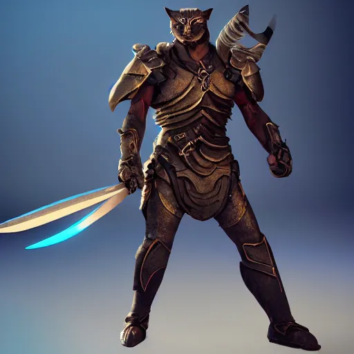 Prompt: character concept portrait, a warrior cat holding a metal weapon in a combat stance, bright glowing, 3 d rendered, 3 d rendering, dramatic lighting, unreal enginedigital painting, concept art, smooth, sharp focus, illustration, 8 k resolution, trending on art station, cinema 4 d, behance hd