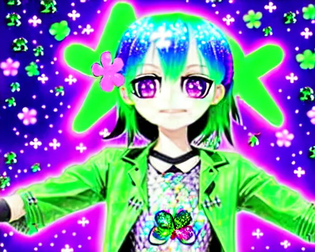 Image similar to a hologram of decora styled green haired yotsuba koiwai wearing a gothic spiked jacket, background full of lucky clovers, crosses, and shinning stars, holography, irridescent