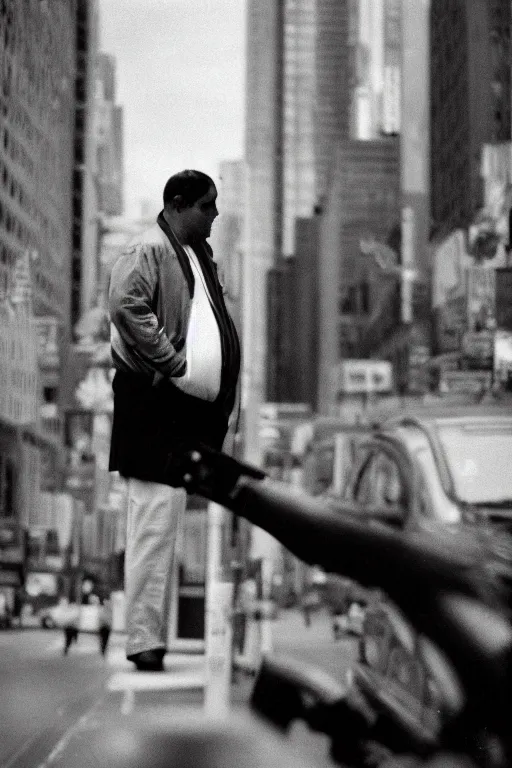 Image similar to close-up photography, fat man looks at bird in New York, soft light, 35mm, film photo, Joel Meyerowitz