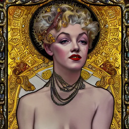 Image similar to !dream realistic detailed dramatic symmetrical portrait of Marilyn Monroe as Salome dancing, wearing an elaborate jeweled gown, by Alphonse Mucha and Gustav Klimt, gilded details, intricate spirals, coiled realistic serpents, Neo-Gothic, gothic, Art Nouveau, ornate medieval religious icon, long dark flowing hair spreading around her