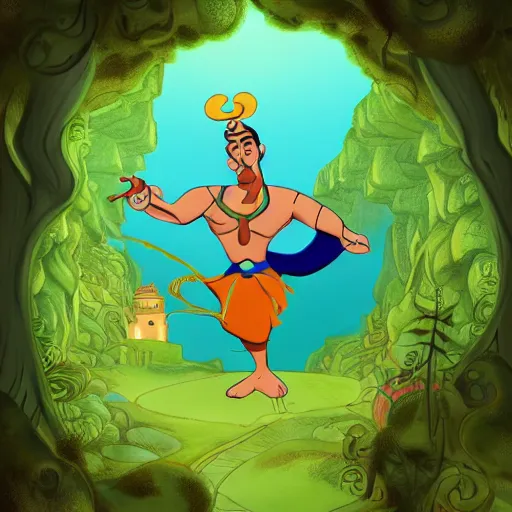 Image similar to the genie from Aladdin but green and surrounded by forest, fantasy illustration