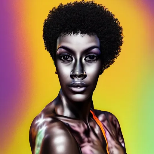 Image similar to photorealistic portrait of a black woman with an afro, trippy, 4 k, 8 0 mm