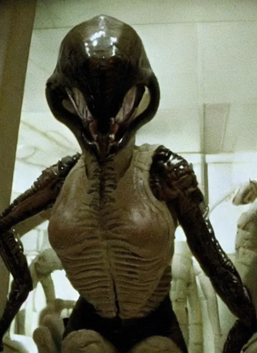 Prompt: movie still full pov of kim kardashian wearing a alien facehugger mask, in the movie alien. cinematic full shot.