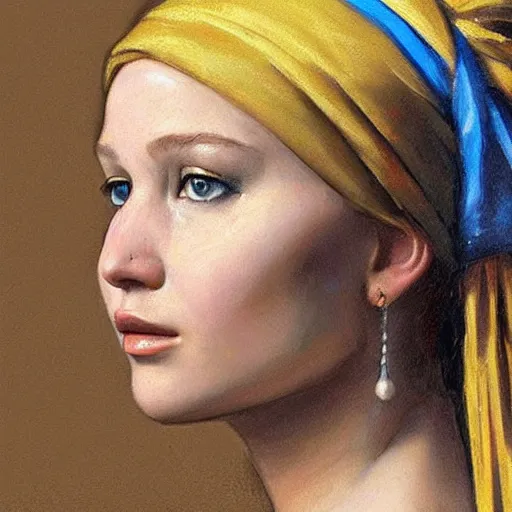 Image similar to portrait of Jennifer Lawrence in the style of Girl with a Pearl Earring by Johannes Vemeer, oil painting, masterpiece, old master, grand master, symmetrical facial features, intricate, elegant, digital painting, concept art, smooth, sharp focus, illustration, from StarCraft by Ruan Jia and Mandy Jurgens and Artgerm and William-Adolphe Bouguerea