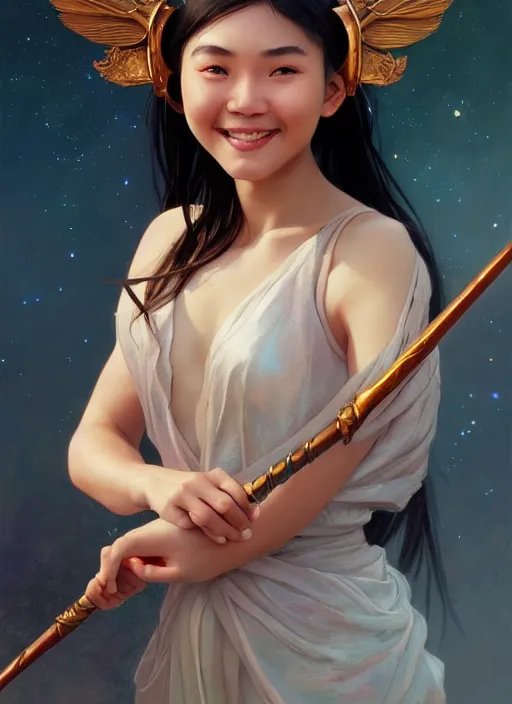 Image similar to Close-up portrait of smiling young asian woman wearing a winged helmet and bare shoulders, holding a magic staff, portrait, highly detailed, digital painting, artstation, concept art, sharp focus, illustration, art by artgerm and greg rutkowski and alphonse mucha