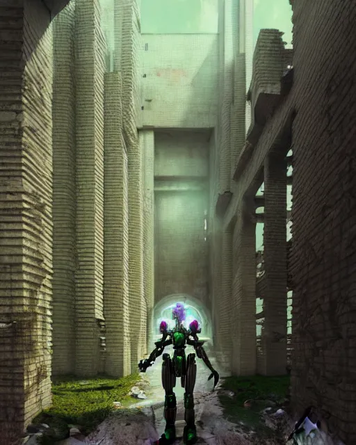 Image similar to hyperrealistic 3d render highly detailed exoskeleton baroque mecha iridescent pink brutalist city ruins background concept art octane santiago caruso de chirico sharp very dramatic green light 8k low angle shallow depth of field