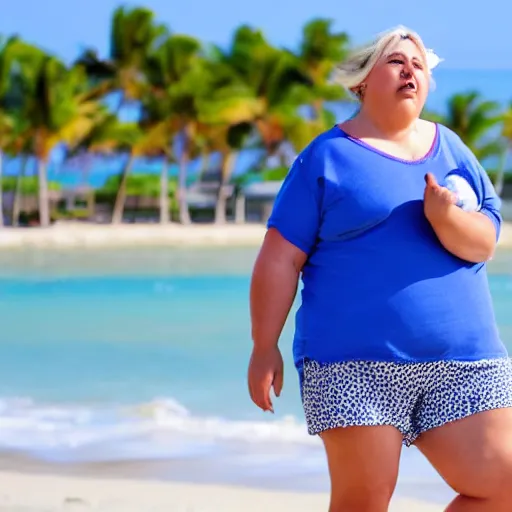 Image similar to an extremely obese middle age woman on the beach wearing an oversized tshirt and shorts