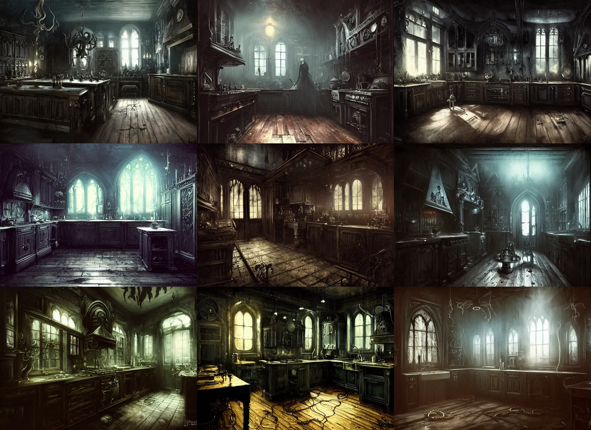 Prompt: gothic mansion kitchen, wooden floor, darkness, evil, creepy, science, 1 9 century, hard atmosphere, lovercraft, insmouth, tentacles, artwork, paint, blue tones, detailed, by bastien lecouffe deharme, by jeremy mann, by alexander fedosav
