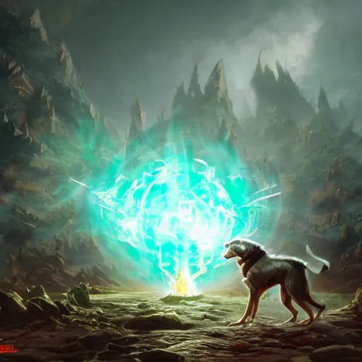 Image similar to Dog Anthropomorphized, casting epic spell, magic the gathering artwork, D&D, fantasy, cinematic lighting, centered, symmetrical, highly detailed, digital painting, artstation, concept art, smooth, sharp focus, illustration, volumetric lighting, epic Composition, 8k, art by Akihiko Yoshida and Greg Rutkowski and Craig Mullins and Daniel Dociu, heroic pose, oil painting, cgsociety, magic lab background