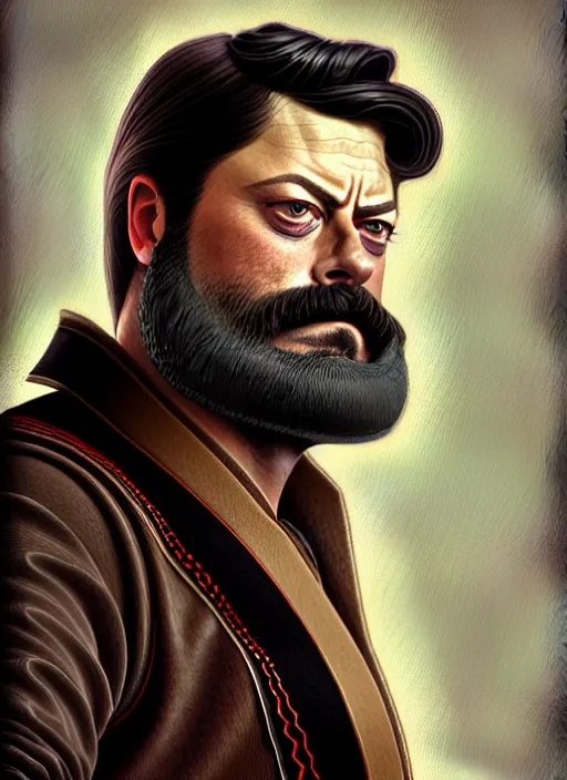 Image similar to portrait of nick offerman, long beard, intricate, leather robes! elegant, muscular! highly detailed, digital painting, artstation, concept art, smooth, sharp focus, illustration, art by artgerm and greg rutkowski and alphonse mucha