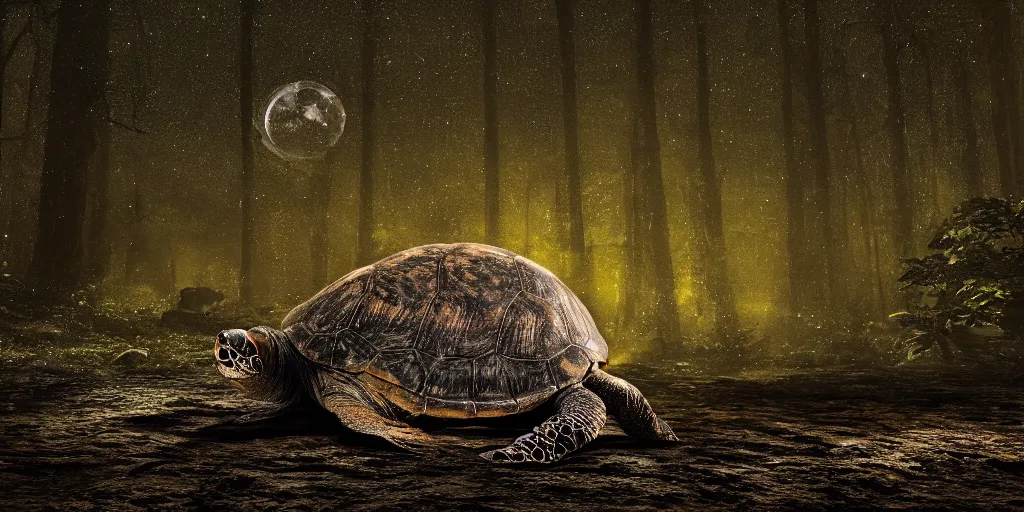 Prompt: huge turtle with in a ancient bioluminescent forest on its back, full moon, moody lighting, 8 k, shallow depth of field, intricate detail,