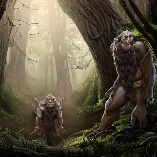 Image similar to two heads giant ettin from dnd in a dark forest, two heads, double heads, digital art, high quality render, artstation, 8 k, photograph quality, ultrahd