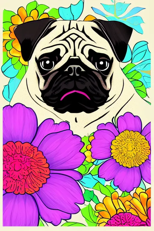 Image similar to portrait of a flower pug, art by milka oxana, sticker, colorful, illustration, highly detailed, simple, smooth and clean vector curves, no jagged lines, vector art, smooth