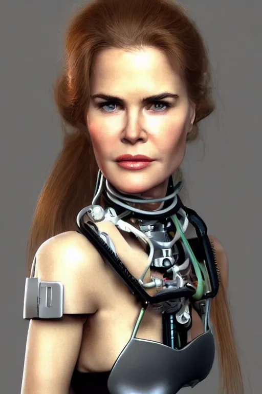 Image similar to mix of beautiful young maria shriver, mariel hemmingway, brooke shields, nicole kidman and elle macpherson as a cyborg terminator, thin lips, hair tied up in a pony tail, dark blonde hair, colorful, artstation, cgsociety