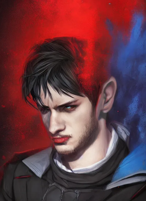 Image similar to An epic fantasy comic book style portrait painting of a young man with black cowlick haircut, wearing black overcoat, red clothes, blue jeans. Unreal 5, DAZ, hyperrealistic, octane render, cosplay, RPG portrait, dynamic lighting