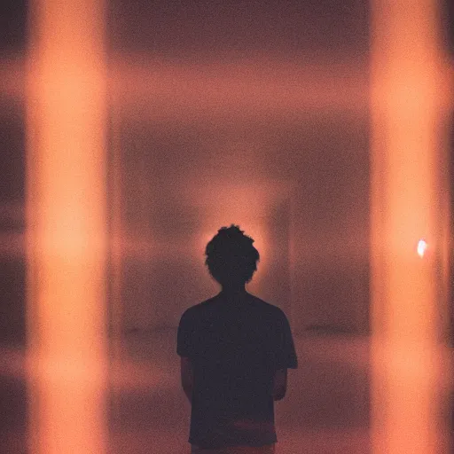 Image similar to kodak portra 1 6 0 photograph of a skinny guy standing in tunnel of light, flower crown, back view, moody lighting, moody vibe, telephoto, 9 0 s vibe, blurry background, tranquil, calm, faded!,