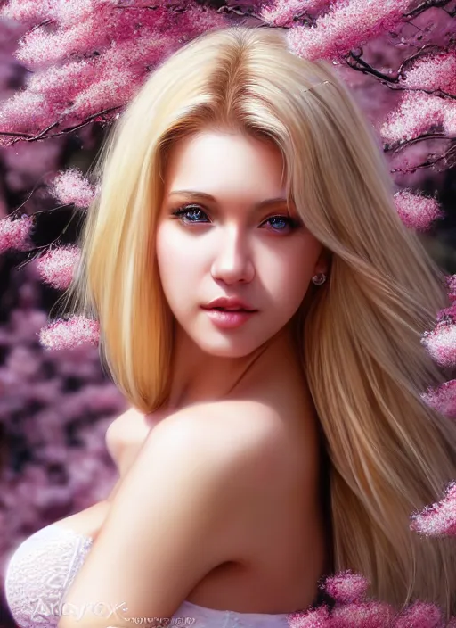 Image similar to photo of a gorgeous blonde female in the style of stefan kostic, realistic, half body shot, sharp focus, 8 k high definition, insanely detailed, intricate, elegant, art by stanley lau and artgerm, extreme blur cherry blossoms background