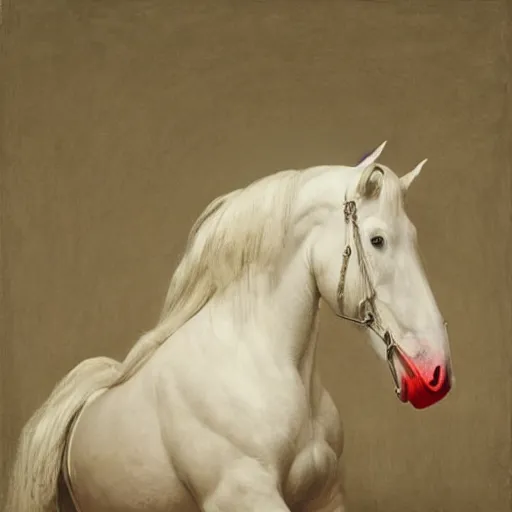 Prompt: an all white horse, with no facial features, like a white mask pulled over their face, full body laying in a blood red pool of water there is an overhead glowing floating golden mirror frame, inspired by the bohemian grove sacrifice ritual and outside the mirror frame is a deep space, physically accurate, dynamic lighting, intricate, elegant, highly detailed, very very Roberto Ferri, sharp focus, very very unsettling, very terrifying, illustration, art