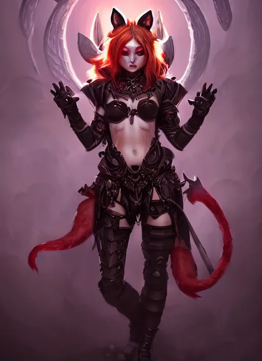 Image similar to imp demon goddess, cute fox ears, leather armor, character portrait in the style of thomas river and artgerm, cinematic lighting, hyperdetailed, 8 k realistic, symmetrical, global illumination, radiant light, frostbite 3 engine, cryengine, trending on artstation, digital art, chanel