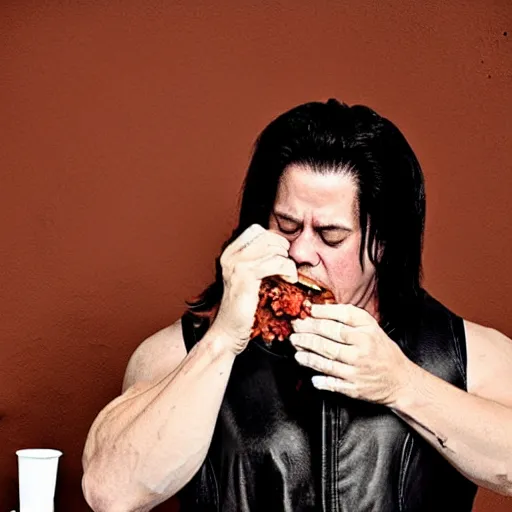 Image similar to Glenn Danzig eating a very messy chili dog. He is wearing a leather vest. Chili and beans have spilled on his bare chest.