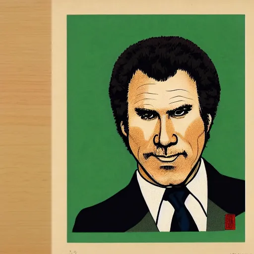 Image similar to portrait of will ferrell in the style of hokusai ukiyo - e woodblock print