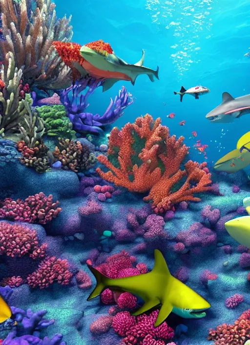 Image similar to a coral reef, bright colours, megaladon shark, hyper realistic, crystal clear blue underwater, 1 million point cloud digital image, unreal engine,