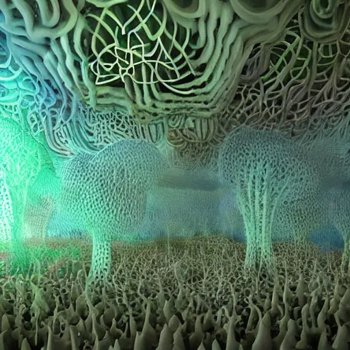 Image similar to hyper - realistic polyphonic symphony of fungal bio - communications inside a surreal 3 d fractal temple made up of organic fungal mushroom and mycelium, bioluminescent surfaces, inspired by benoit mandelbrot, james jean & agostino arrivabene