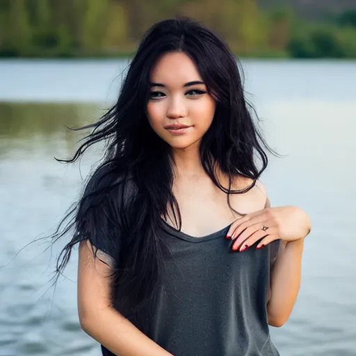 Image similar to real life photo of a beautiful girl, full body photoshoot, long black hair, full round face, short smile, brown shirt, lake setting, cinematic lightning, medium shot, mid - shot, highly detailed, trending on artstation, iso 2 0 0, f 1. 4, 8 0 mm, 8 5 mm, natural light