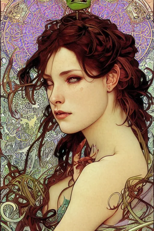 Prompt: realistic detailed face portrait of Kermit the Frog by Alphonse Mucha, Ayami Kojima, Amano, Charlie Bowater, Karol Bak, Greg Hildebrandt, Jean Delville, and Mark Brooks, Art Nouveau, Neo-Gothic, gothic, rich deep moody colors