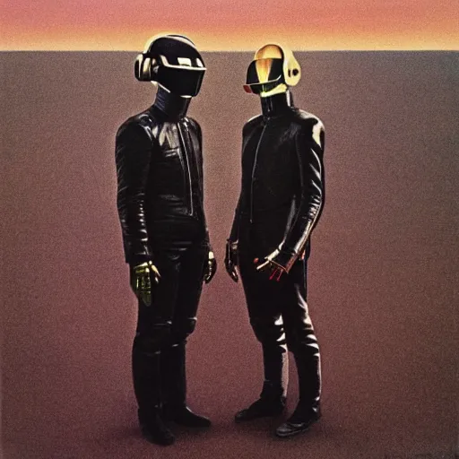 Image similar to album art of daft punk wearing leather jackets, standing together in a desolate wasteland, painted by zdzislaw beksinski