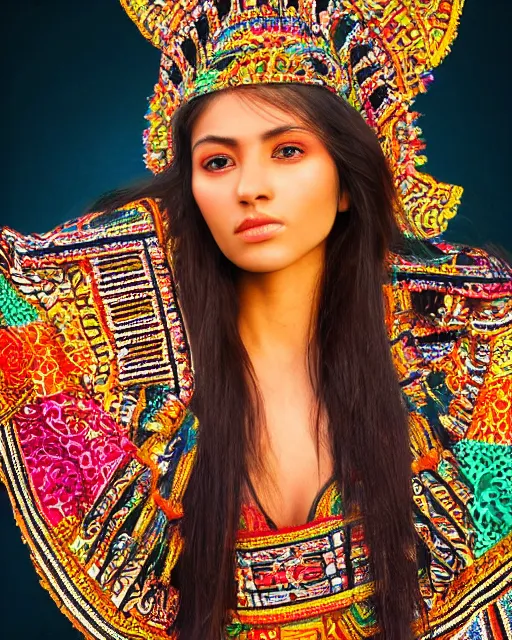 Prompt: hyper realistic portrait photo of beautiful mexican, aztec model, portrait shot, intricate detail, glittering sun rays