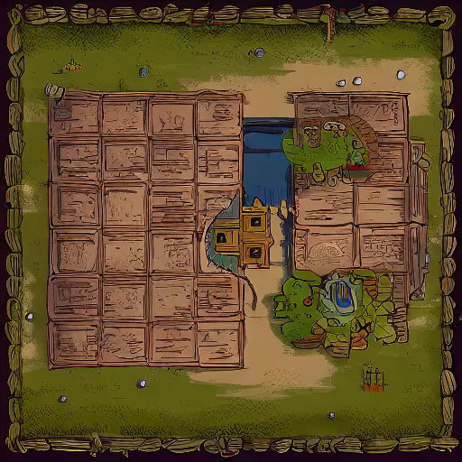 Image similar to A 520x520 detailed vector art presenting an aerial view of a cartoonish tavern by dungeondraft, Patreon content, containing tables and walls, HD, straigth lines, vector, grid, dnd map , map patreon, fantasy maps, foundry vtt, fantasy grounds, aerial view ,dungeondraft , tabletop, inkarnate, dugeondraft, roll20