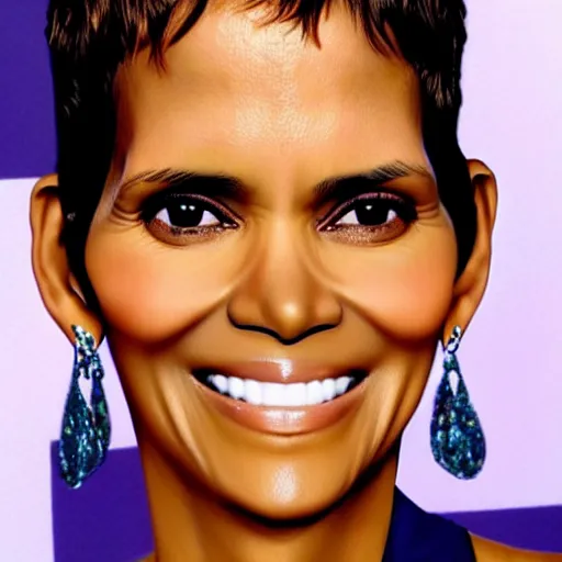 Prompt: halle berry's face popping out of a giant blueberry