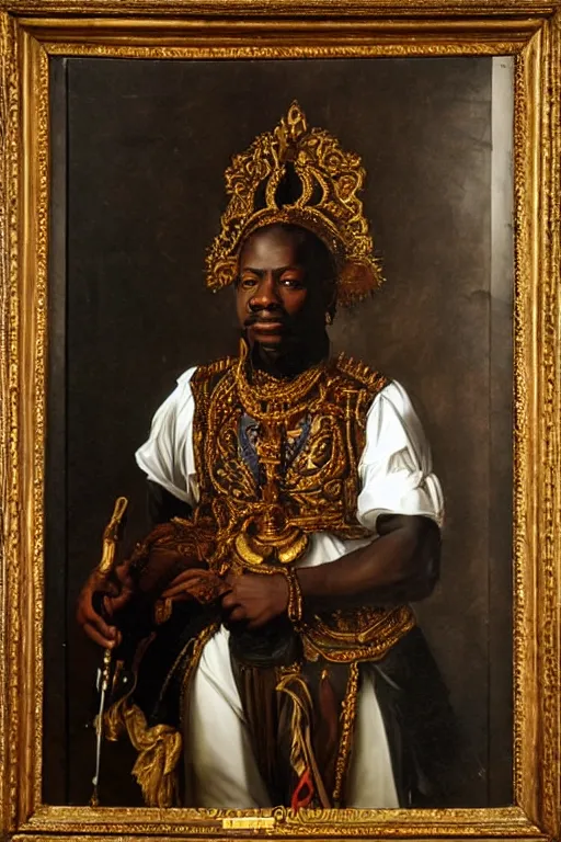 Image similar to victorian oil painting of african nobility in an ornate and baroque throne room, highly detailed, portrait by caravaggio