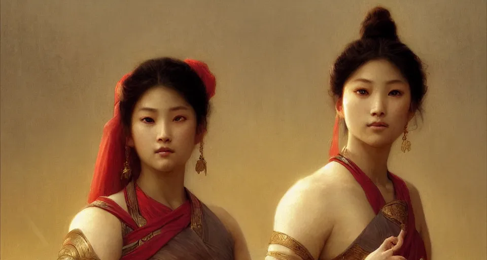 Prompt: a portrait painting of a beautiful asian warrior princes, soft lighting,, art greg rutkowski and william - adolphe bouguereau