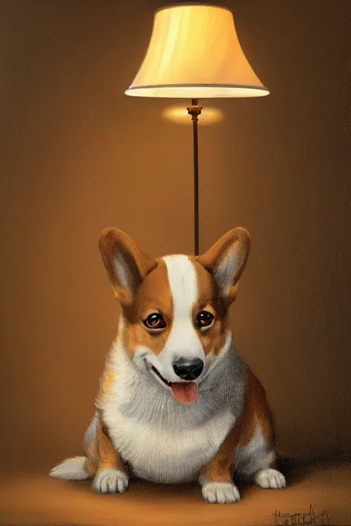 Image similar to a lamp in the style of a corgi oil on canvas, intricate, portrait, 8k highly professionally detailed, HDR, CGsociety