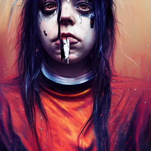 Prompt: Billie Eilish bleeding out of her eyes, cyberpunk, surrounded by smoke, award-winning art, hyperrealistic, by Sam Spratt, by Vlad Rodrig﻿u﻿e﻿z, trending on Artstation, dark, dramatic, cinematic, realistic studio lighting, raytracing, 4k, professional, canon