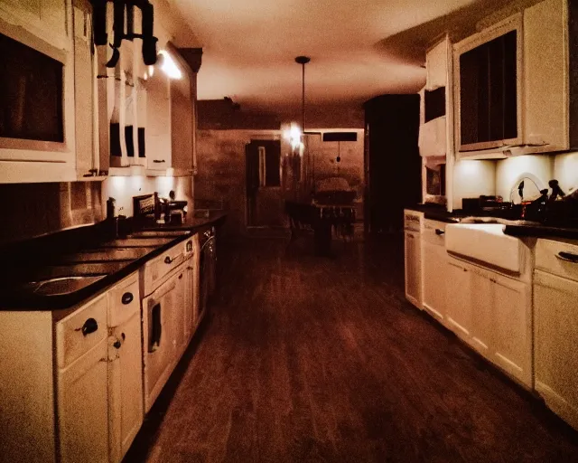 Image similar to horror demon evil transparent spirit attacks in kitchen interior photos shot on iphone, dynamic pose, middle body shot, sharp focus, grainy, corpse, paranormal flashlight, night, total darkness, poltergeist