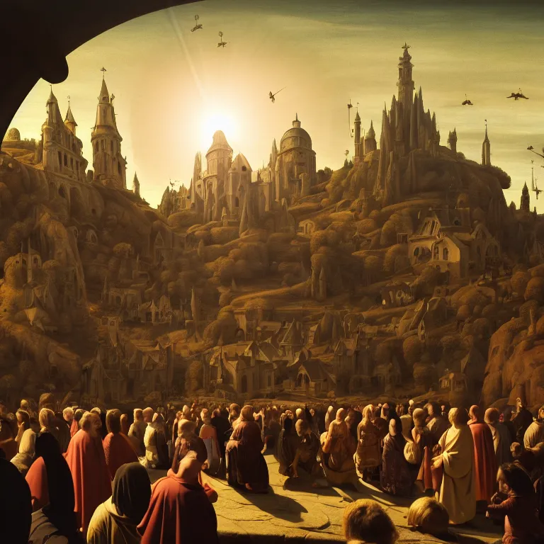 Image similar to crowd of medieval people surrounding UFO flying saucer, dream-like atmosphere, baroque landscape painting, perfect portrait composition, beautiful detailed intricate insanely detailed octane render trending on Artstation, 8K artistic photography, photorealistic, soft natural volumetric cinematic perfect light, chiaroscuro, award-winning photograph, masterpiece, Raphael, Caravaggio, Greg Rutkowski, Beeple