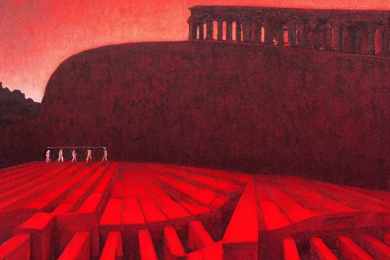 Image similar to only with red, a red great emperor, taormina amphitheatre, crowd with big smile, in the style of beksinski, parts by edward hopper, parts by rodcenko, parts by yue minjun, intricate and epic composition, red by caravaggio, insanely quality, highly detailed, masterpiece, red light, artstation, 4 k