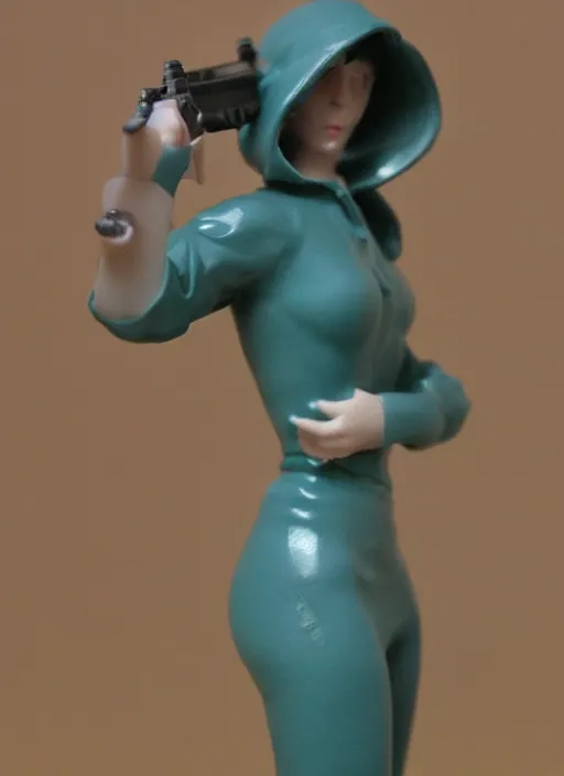 Prompt: Image on the store website, eBay, 100mm Resin figure of a girl with gun, pose for cam.