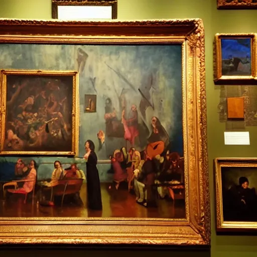 Image similar to dozens of famous paintings on a wall in a museum