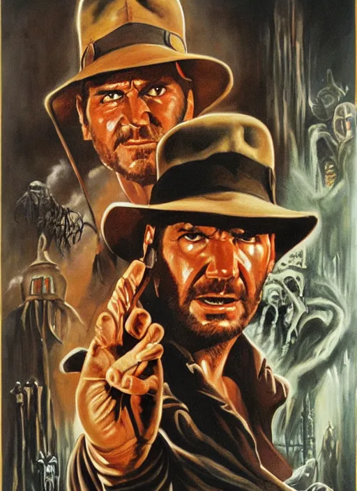 Image similar to creepy horror 1 9 8 6 poster for indiana jones. oil on canvas. print.