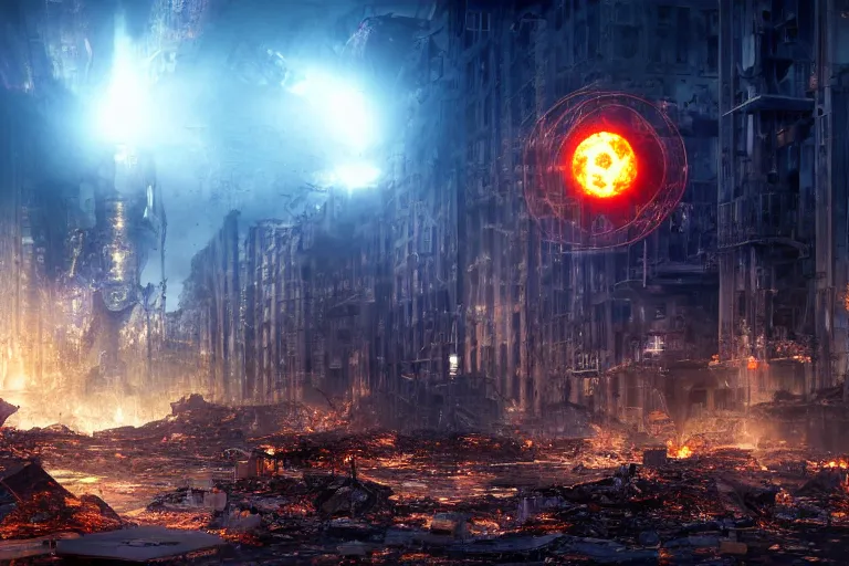 Image similar to Singular Cybernetic Robotic Fire Orb Floating above a destroyed city street, fantasy, photorealistic, metropolis, holographic, hologram