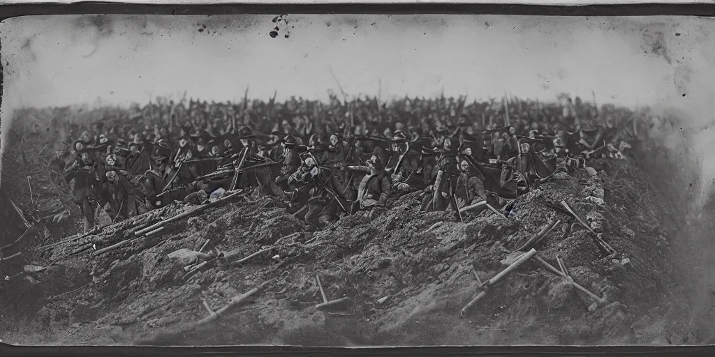 Prompt: american civil war trench battle, shots fired, gatling gun, puffs of smoke, many visible trenches, aerial view, 1865 tintype photograph