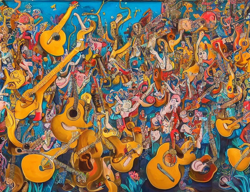 Prompt: a detailed oil painting of a concert by going bananas with guitars while the gold fishes are stoned like a shrimp and smiling cows in the sky in the style of artist James Jean