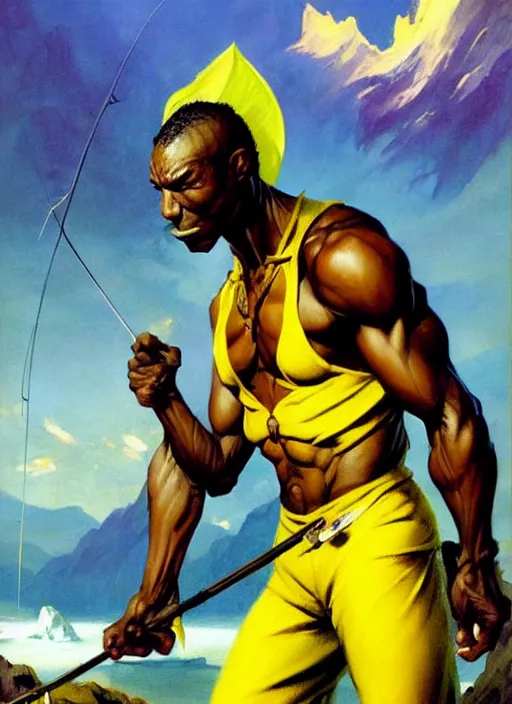 Prompt: magic : the gathering fantasy character concept art by frank frazetta and marco bucci, high resolution. a clear portrait of an athletic male jamaican, wearing yellow green calico clothing, holding a fishing rod, shores of jamaica in the background, symmetry, fantasy coloring, intricate, 8 k, digital painting, artstation, smooth, sharp focus